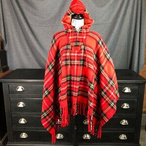 Vintage College Town of Boston Women's Small Red Tartan Plaid Wool Cape Top